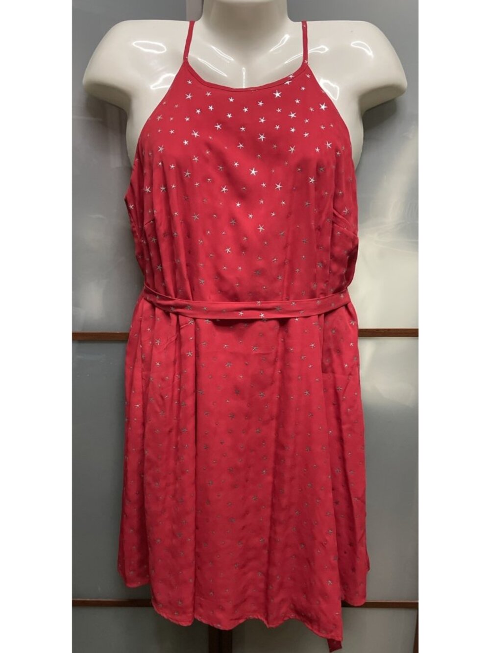 New York & Co. Y2K Womens Medium Red Halter Dress Belted Tie Waist Silver Stars